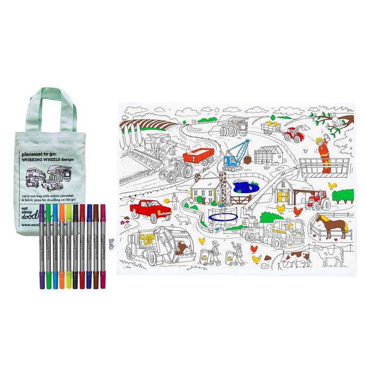 eatsleepdoodle - Wholesale Coloring Mat - Kids & Baby - DIY Coloring Kit - Cars, Trucks & Tractors Placemat to Go