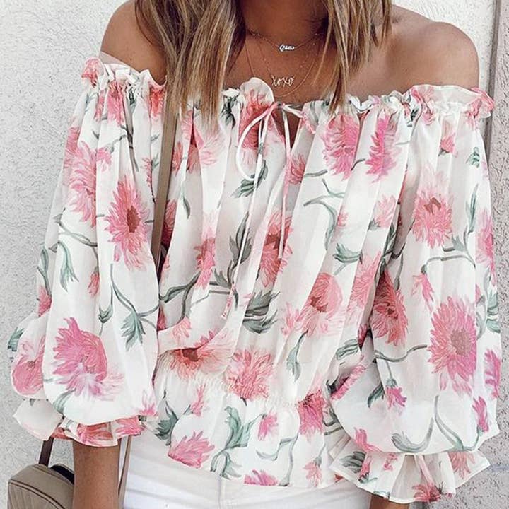 HIDDENBRAND - Wholesale Blouse - Women's - Printed off-the-shoulder chiffon