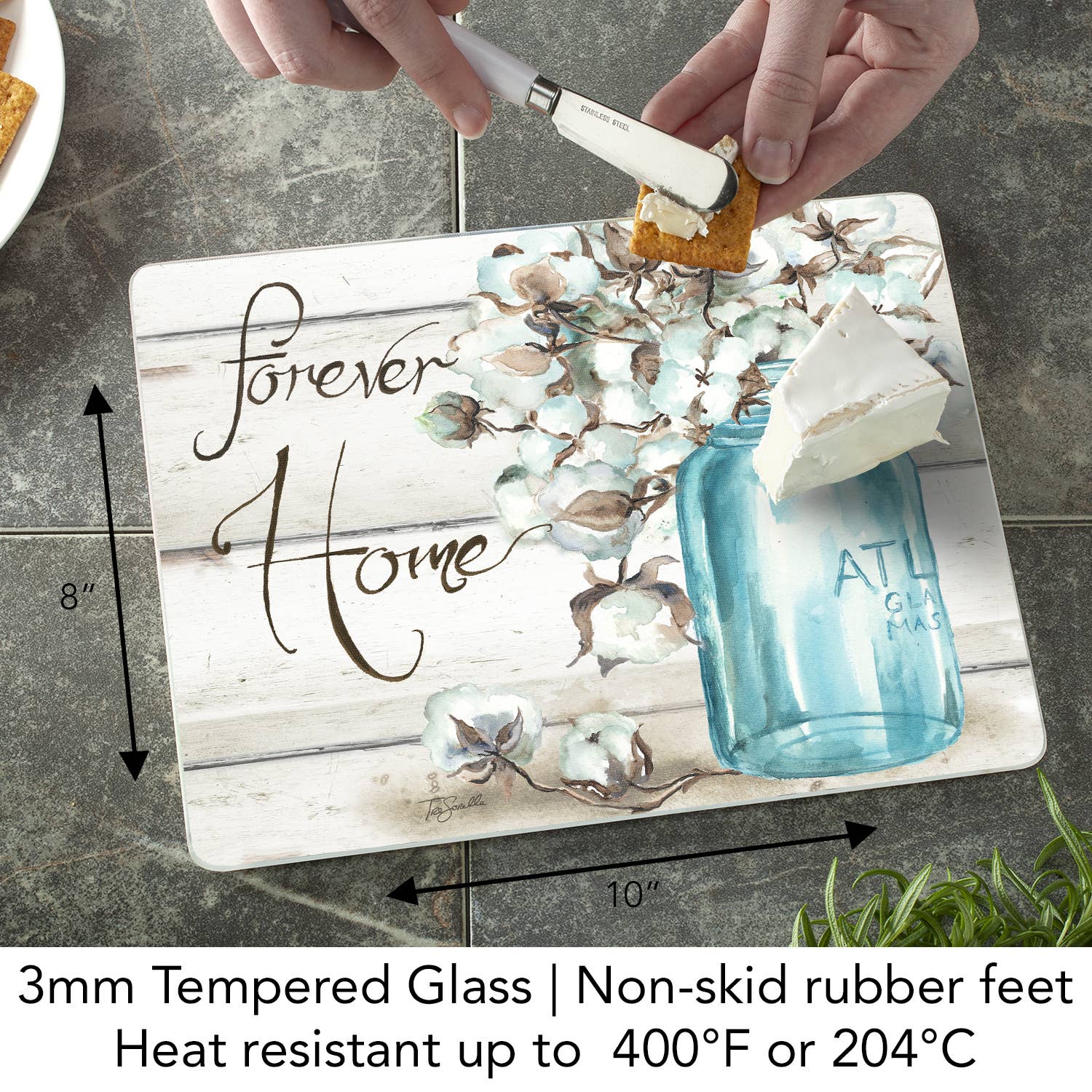 Conimar Promotions - Wholesale Cutting Board - "Cotton Boll" Tempered Glass Cutting Board 10" x 8" 3