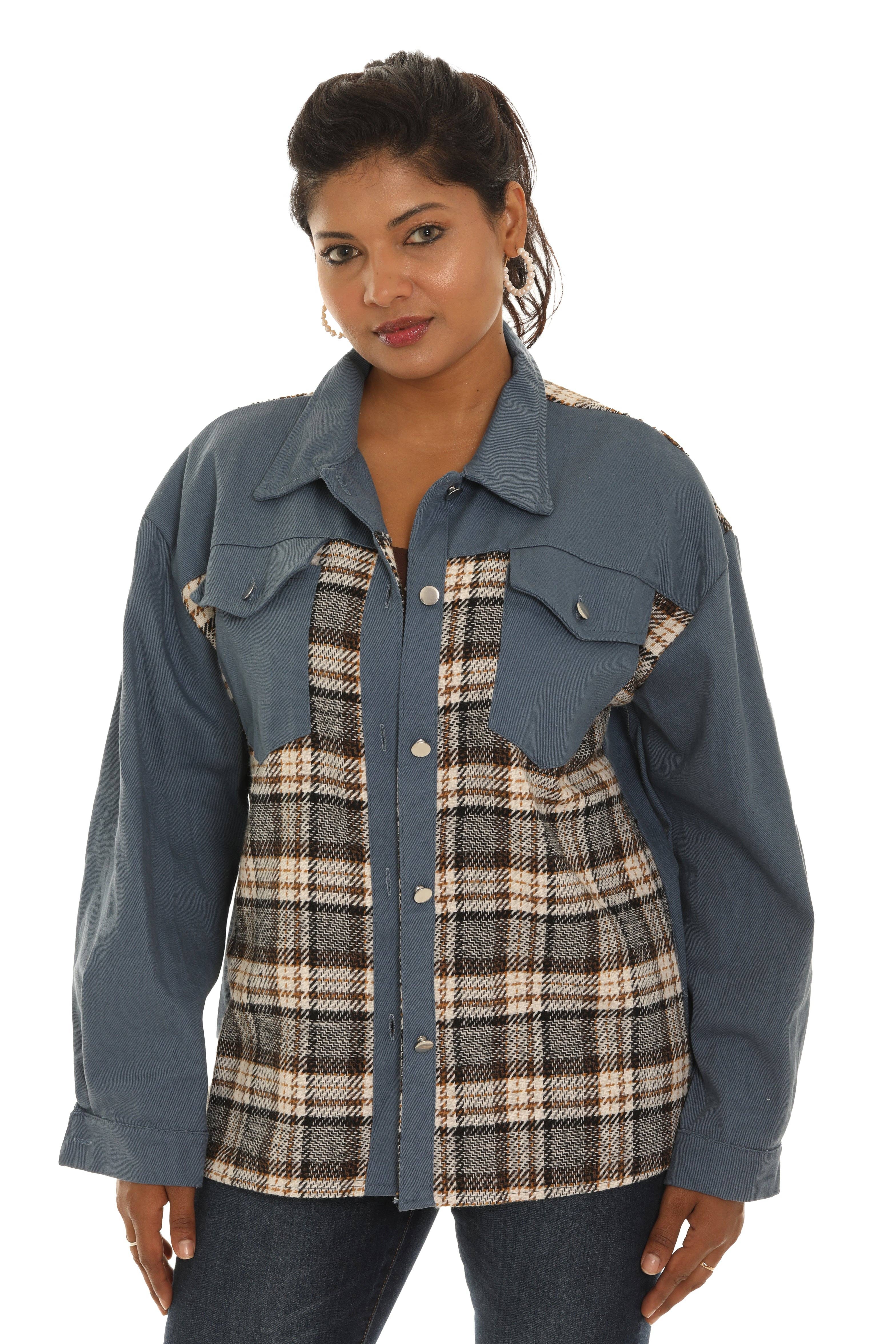 Shoreline Wear. INC - Vente Veste en jean – femme - Veste en jean avec insert à carreaux7