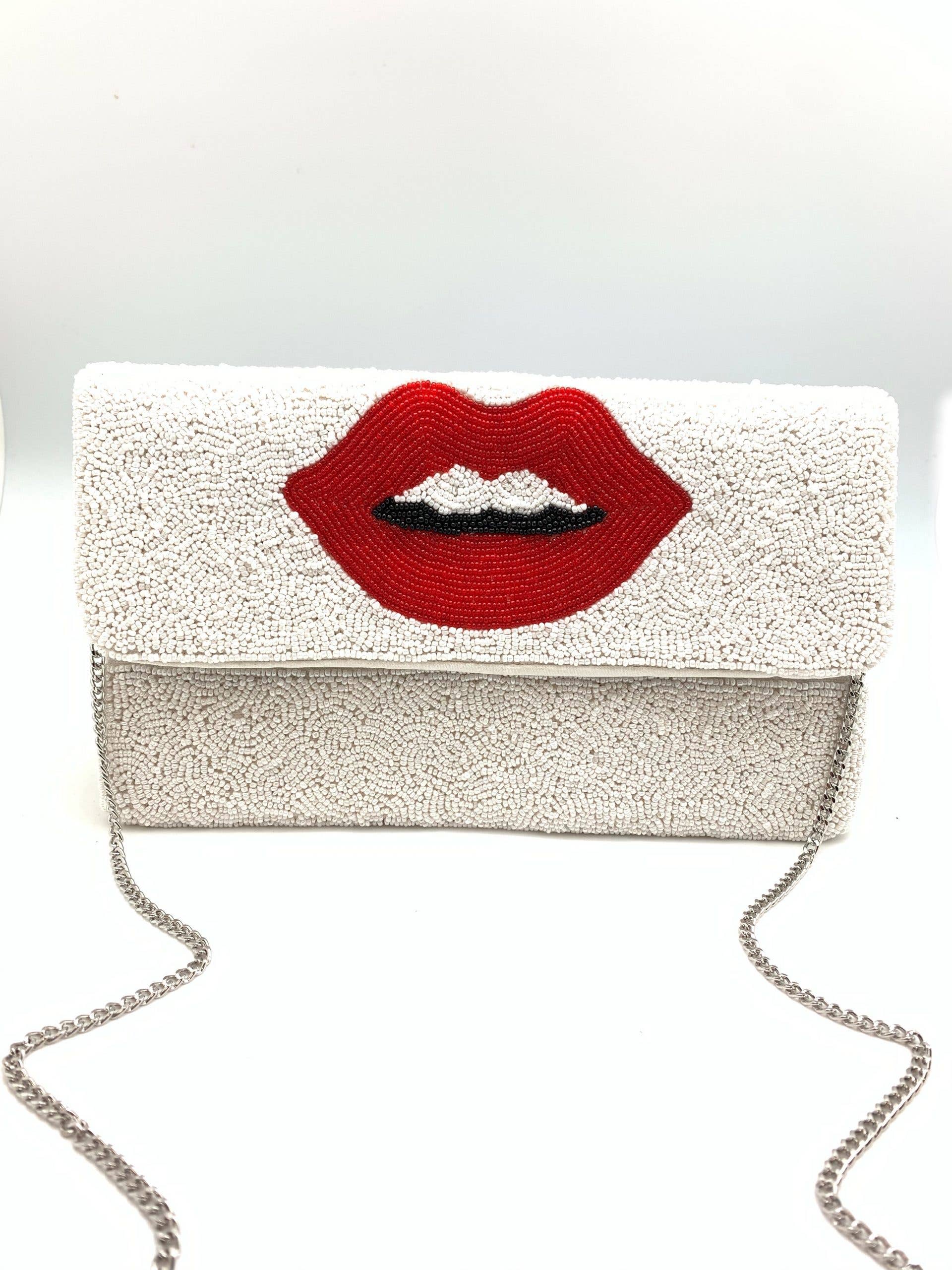 Pizzazz, Inc. - Wholesale Clutch Bag - Women's - White Beaded Clutch With Red Lips