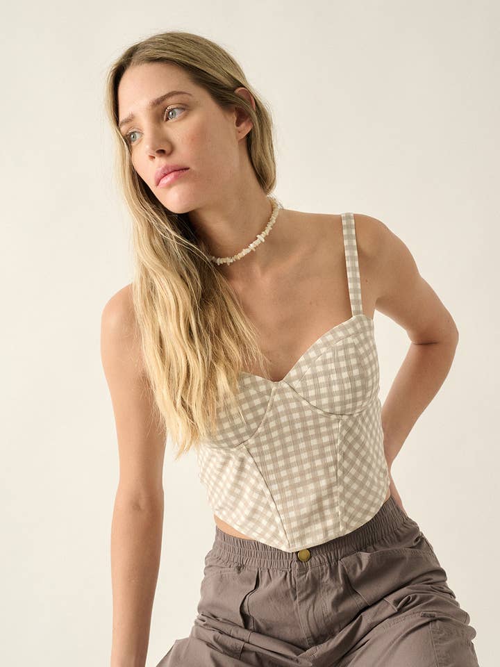GREY Gingham Plaid Sweetheart Corset Top for wholesale on Faire0