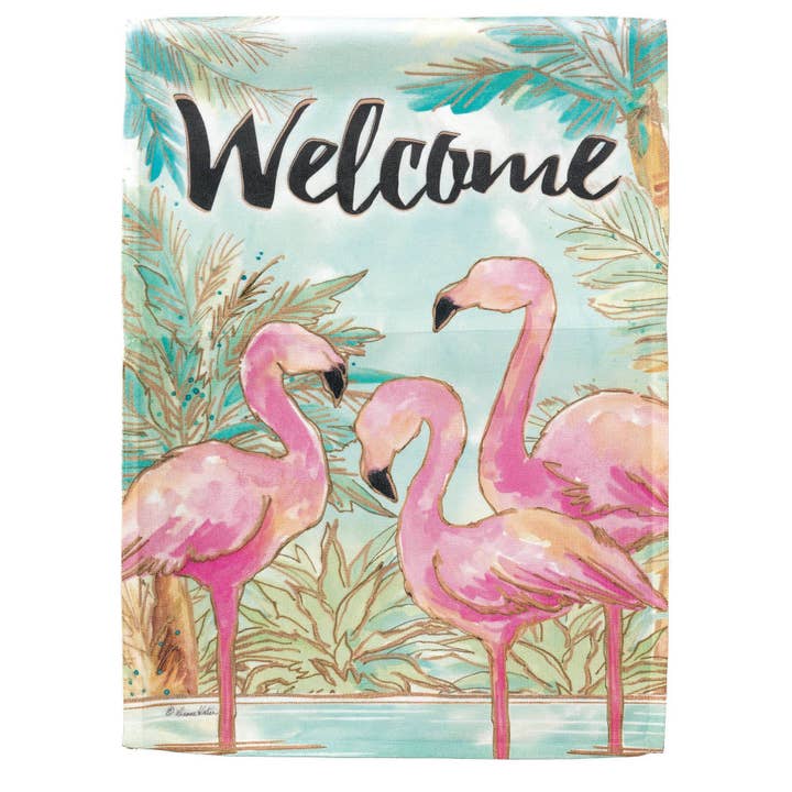 WELCOME Three FLAMINGO PRINT FLAG GARDEN 13x18 for wholesale by Cottage Garden