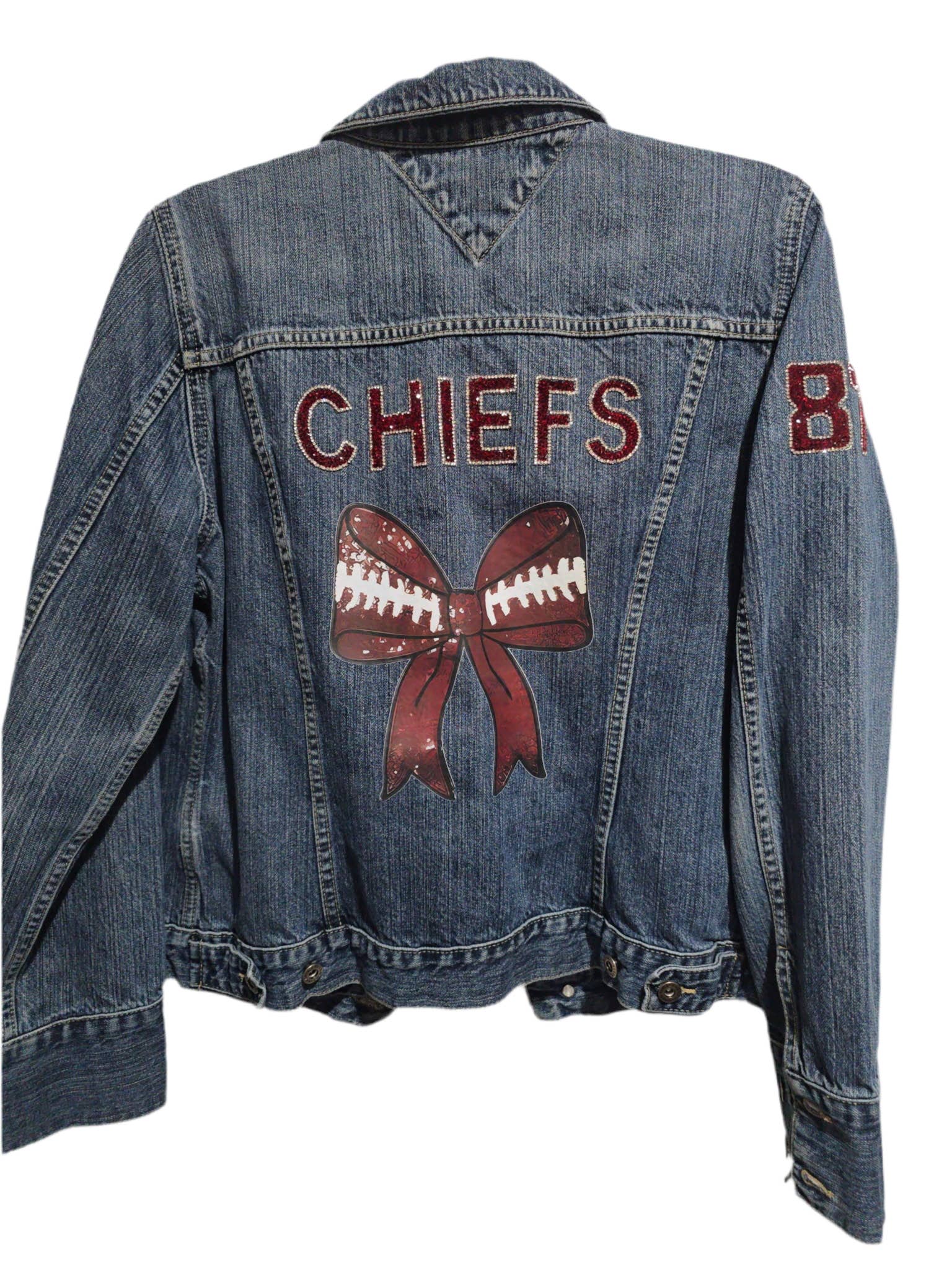 KC Chiefs Football Jean Jacket, L Women’s for wholesale by Patchwrx Customs Hat Bar