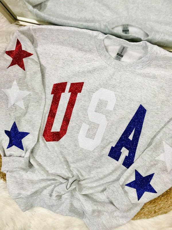 Dash Forward Wholesale - Wholesale Graphic Sweatshirt - Women's - USA Glitter Sweatshirt With Star Sleeve Details1