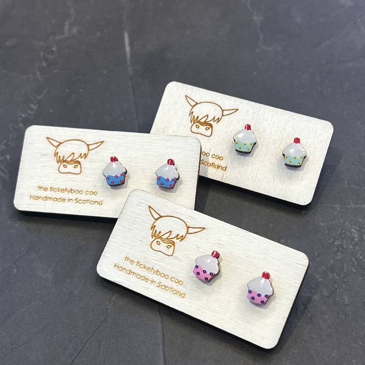 Wooden Cupcake Earrings for wholesale by the ticketyboo coo