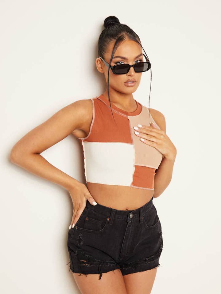 Stone, Rust & White Rib Round Neck Patchwork Exposed Seam Sl for wholesale by Femme Luxe