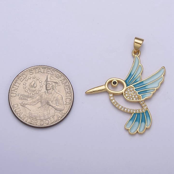 Aim Eternal - Wholesale Individual Charm/Pendant - Blue Enamel Gold Hummingbird Charm 14k Gold Filled Humming Bird Pendant 38mmx31mm gold Cz Animal jewelry H-1012