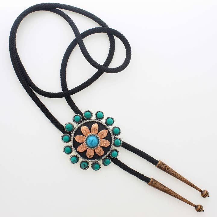 Turquoise Bloom Bolo Tie, 36' cord, made in USA, each for wholesale by HHH Designs