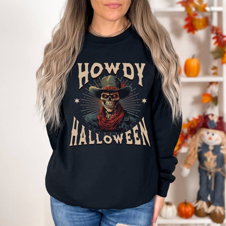 Howdy Western Halloween Skeleton Skull Crewneck Sweatshirt for wholesale by Sweet party Place
