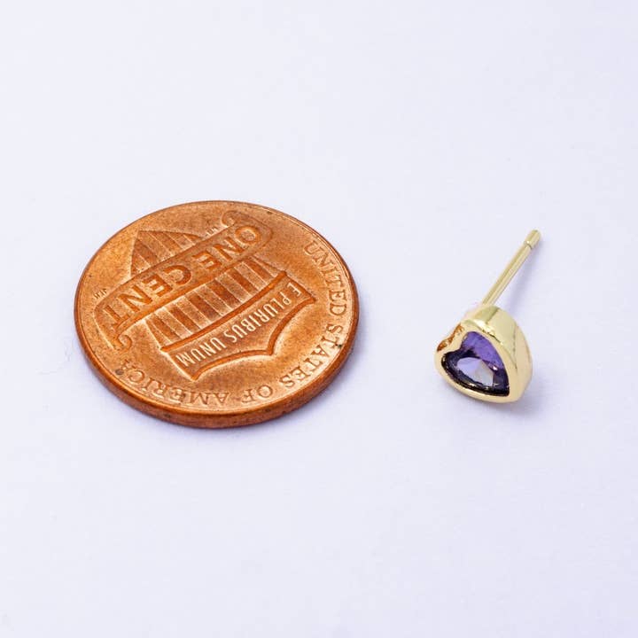 Purple 1x Tiny Heart CZ Plain Bezel Set Earrings, 14K gold earring, tiny studs, minimal earring, gold cz stud earring Q-431 for wholesale on Faire1