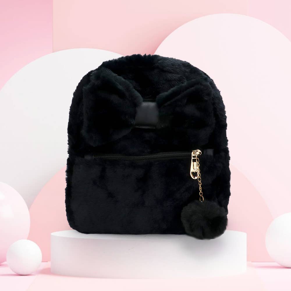 Sensibling Corp. - Wholesale Backpack - Women's - Faux Fur Bow Pom Pom Pointed Plush Mini Backpack3