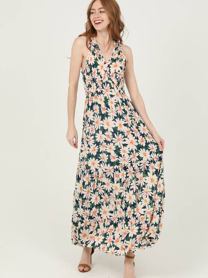 C4823-A856 SMOCKED BODICE V NECK RACER BACK MAXI DRESS for wholesale by ANGIE