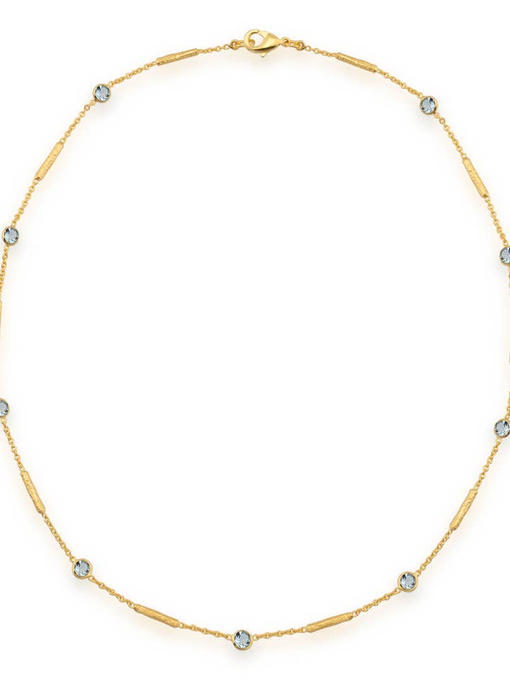 Blue topaz necklace with textured tube spacers for wholesale by AJS Design Studio