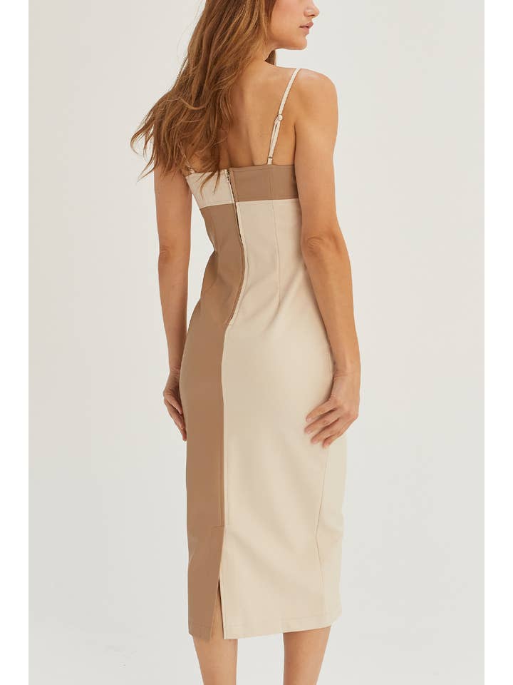 Crescent - Wholesale Dress - Women's - CD8004 - Alix Color Block Vegan PU Midi Dress8