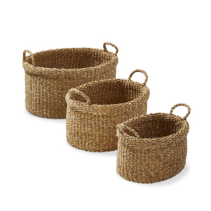 Oval Folding Basket W/Handle Set of 3 Natural Seagrass for wholesale by tag