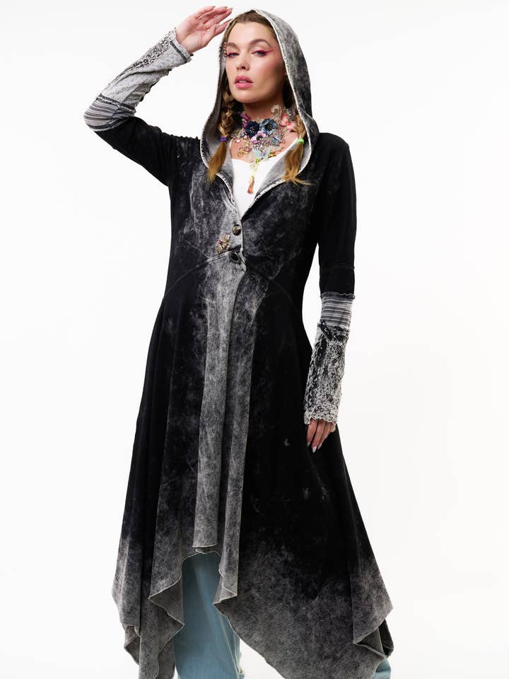 Black Acid Wash Forest Goddess French Terry Coat for wholesale on Faire
