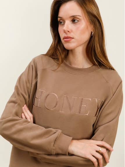 MOOYA - Wholesale Sweatshirt - Women's - Plain cotton sweatshirt with round neck embroidery HONEY - M2198