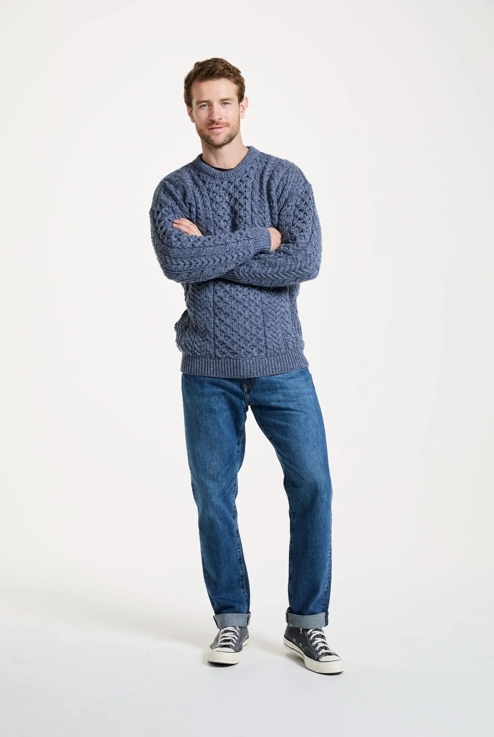 Aran Woollen Mills – Pulôver - Homem por atacado – Camisola Inisheer Tradicional Homem Aran - Azul Cinza1