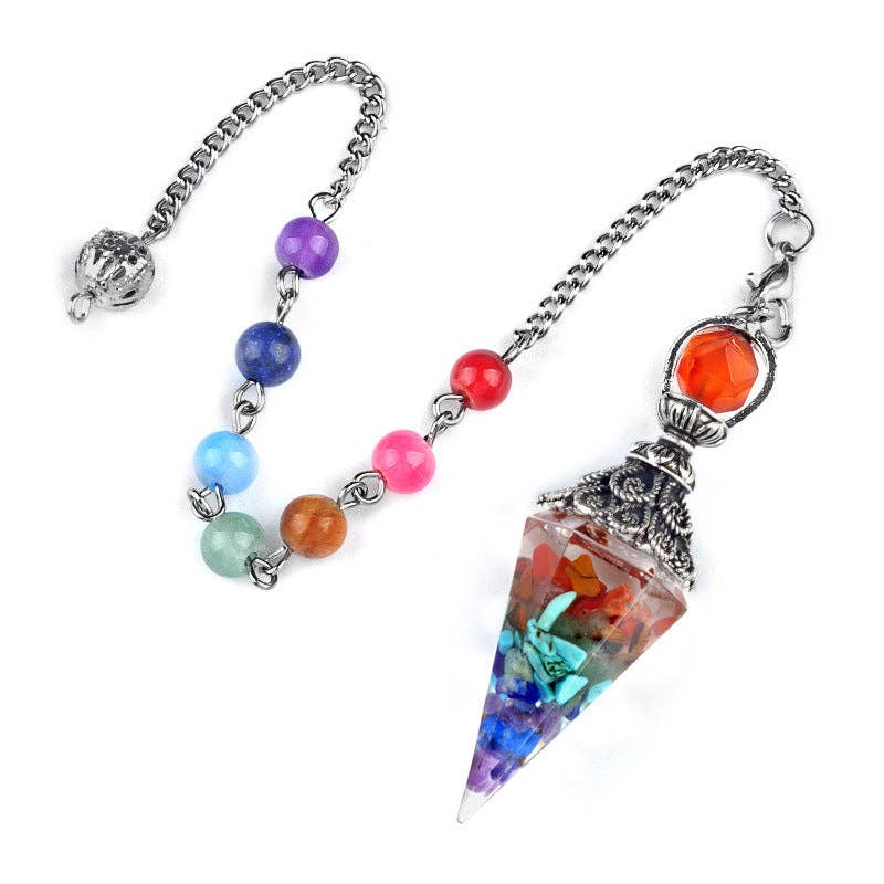 Mio Queena - Wholesale Spiritual Stone/Crystal - Hexagonal Cone Gravel Pendulum with Chakra Chain - CS10