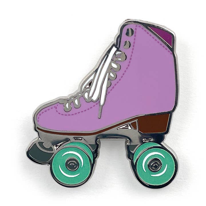 Amethyst roller skate pin with glow in the dark wheels for wholesale by Smarty Pants Paper