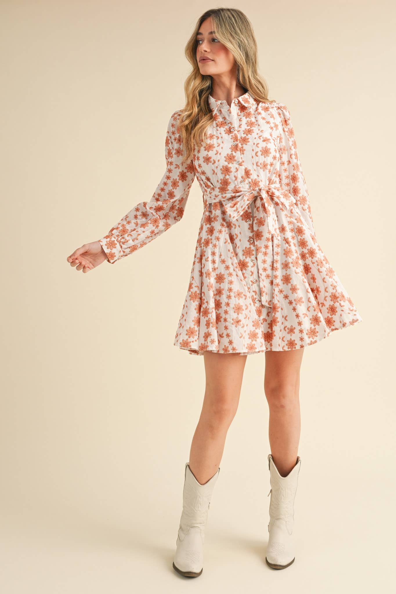&MERCI - Wholesale Dress - Women's - FLORAL EMBROIDERY BUTTON DOWN FLARED MINI DRESS MDR342710