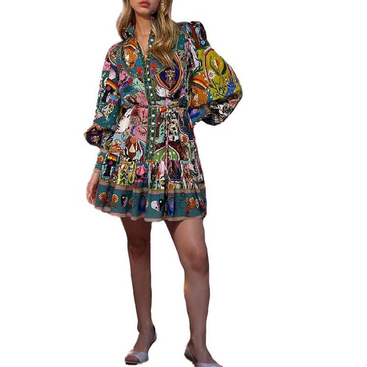 PRINTING Floral Round Neck Cinched Waist Tie Ruffle Hem Dress for wholesale on Faire4