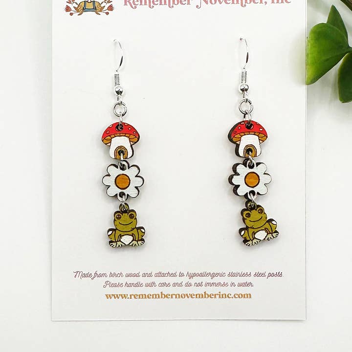 Mushroom Frog Garden Earrings, Birch Wood, Hand Painted for wholesale by Remember November, Inc