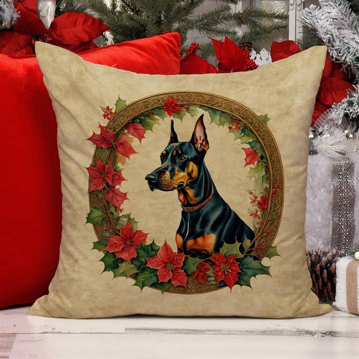 Doberman Pinscher Juleblomster Pude 18x18 DAC2355 for engroshandel hos Caroline's Treasures