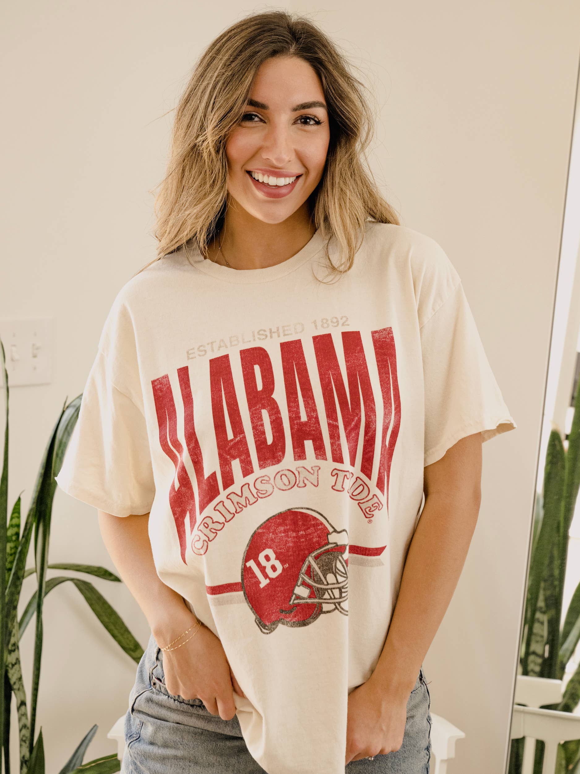 LivyLu - Wholesale Screen Printed T-Shirt - Unisex - Bama Crimson Tide Established Helmet Off White Thrifted Tee0