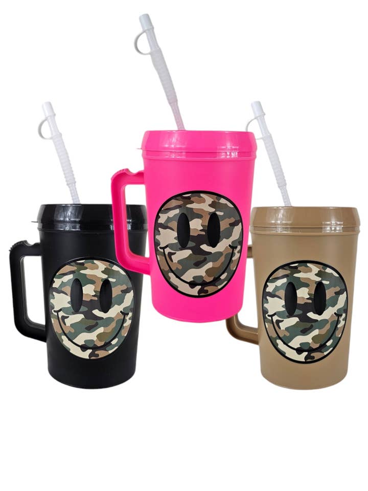 Camo Smile Face Mega Trucker Mug 34oz for wholesale by Scratch Decor