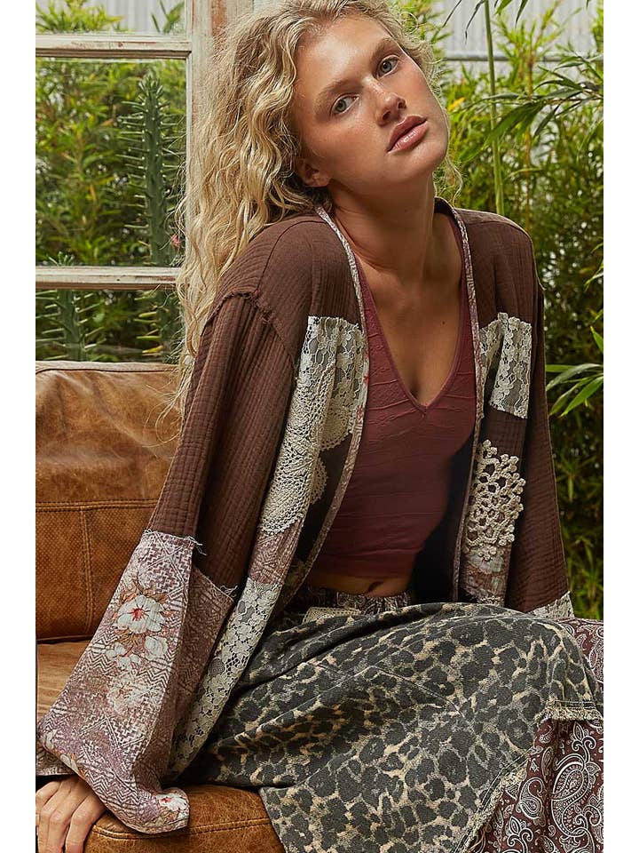 Pol Clothing - Wholesale Cardigan - Women's - Long sleeve double gauze crochet patch cardigan woven top9