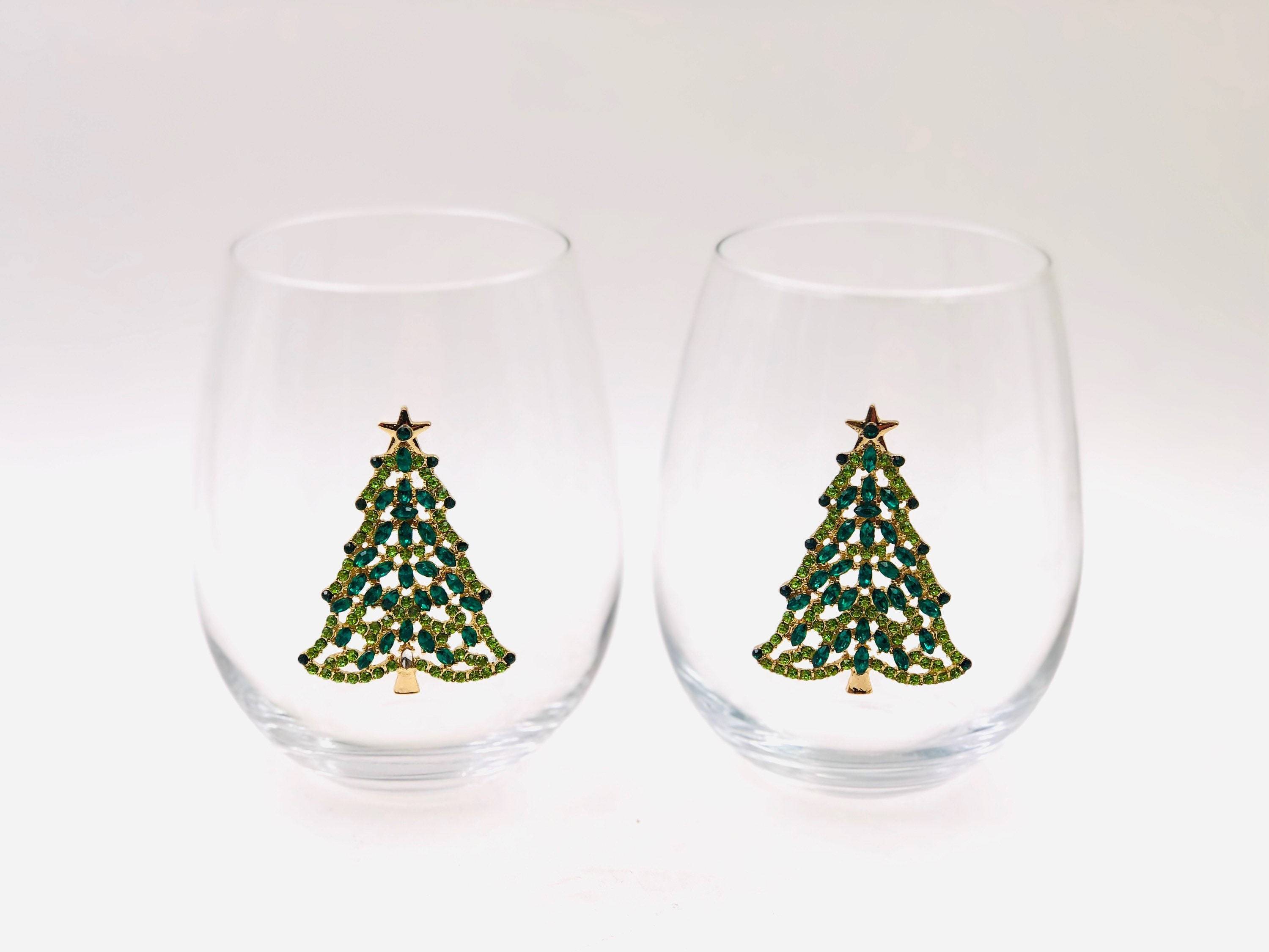 Jersey Art Glass - Wholesale Wine Glass - Bedazzled Christmas Tree Wine Glasses (Set of 2)3