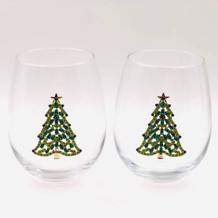 Jersey Art Glass - Wholesale Wine Glass - Bedazzled Christmas Tree Wine Glasses (Set of 2)3