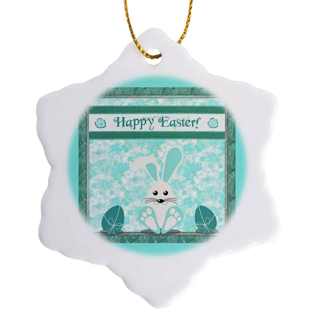 3dRose - Wholesale Ornament - 3dRose, Teal Green Bunny, Big Feet and Eggs, Flower Background, Happy Easter, Ornament0