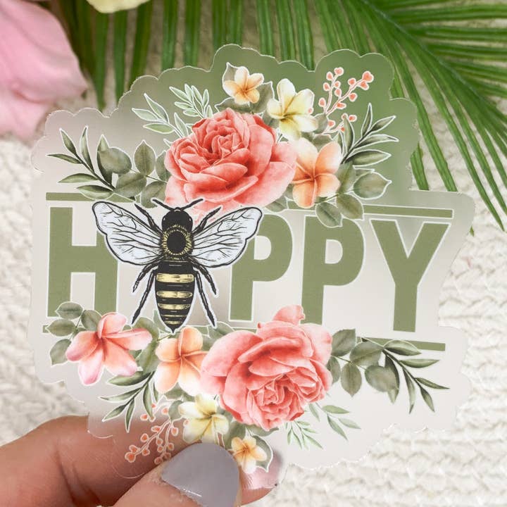 Bee Happy, Floral, autocollant en vinyle transparent, 7,6 x 7,6 cm pour la vente par Savannah and James Co