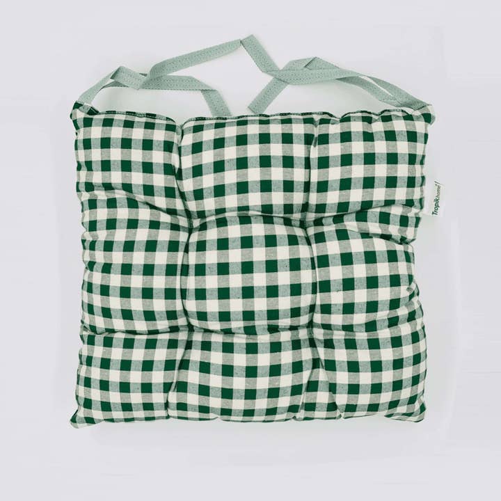 Sitzkissen zum Binden für Esszimmer- und Gartensessel, wasserabweisendes Poly-Baumwollgewebe, grün kariert für den Großhandel von TROPIK HOME