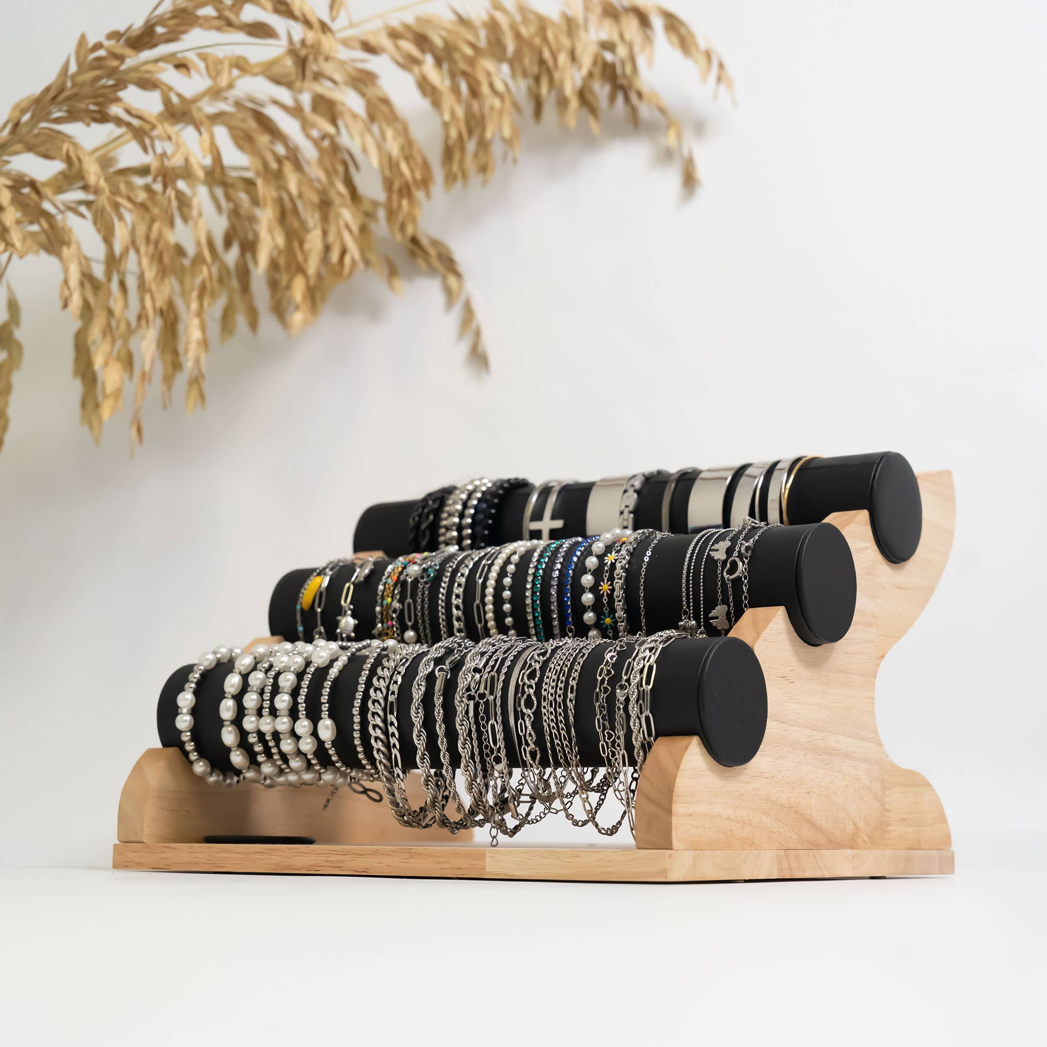 WJW - Wholesale Jewelry Stand & Display - Natural Wood & Leather 3 Tier Bracelet Display4