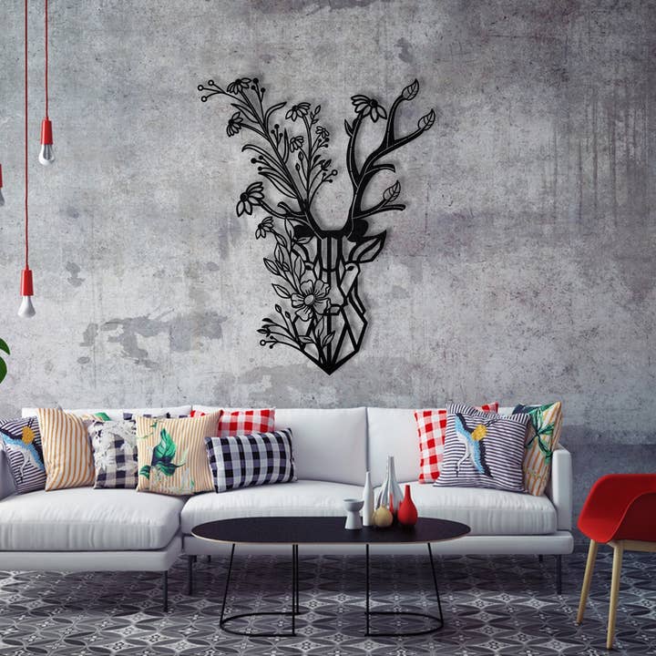 benjashop – wholesale Dimensionell/3D-väggkonst – Rustik Buck hjort väggdekor, silhuett blommig metallkonst