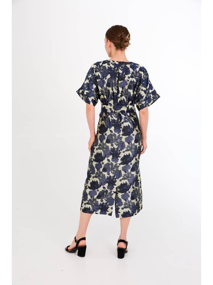 Evelyn Dress Ivory and Navy Floral Silhouette Jacquard for wholesale on Faire3