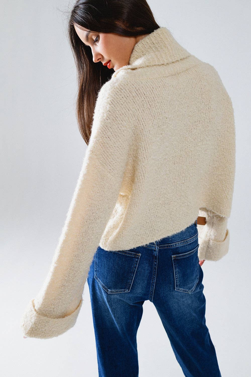 White knitted fluffy high neck sweater in cream for wholesale on Faire1