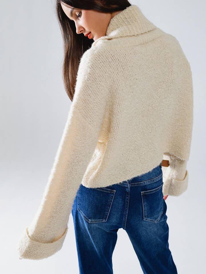 White knitted fluffy high neck sweater in cream for wholesale on Faire1