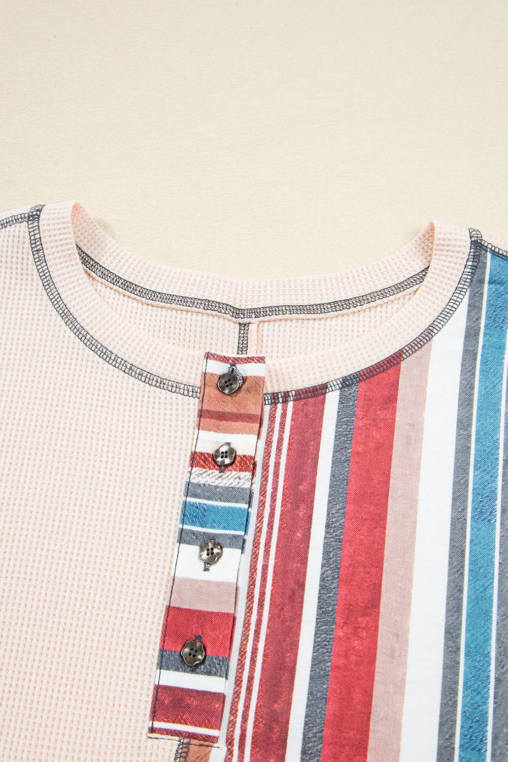 Beige Spring Striped Waffle Patchwork Exposed Seam Raw Edge Top for wholesale on Faire4