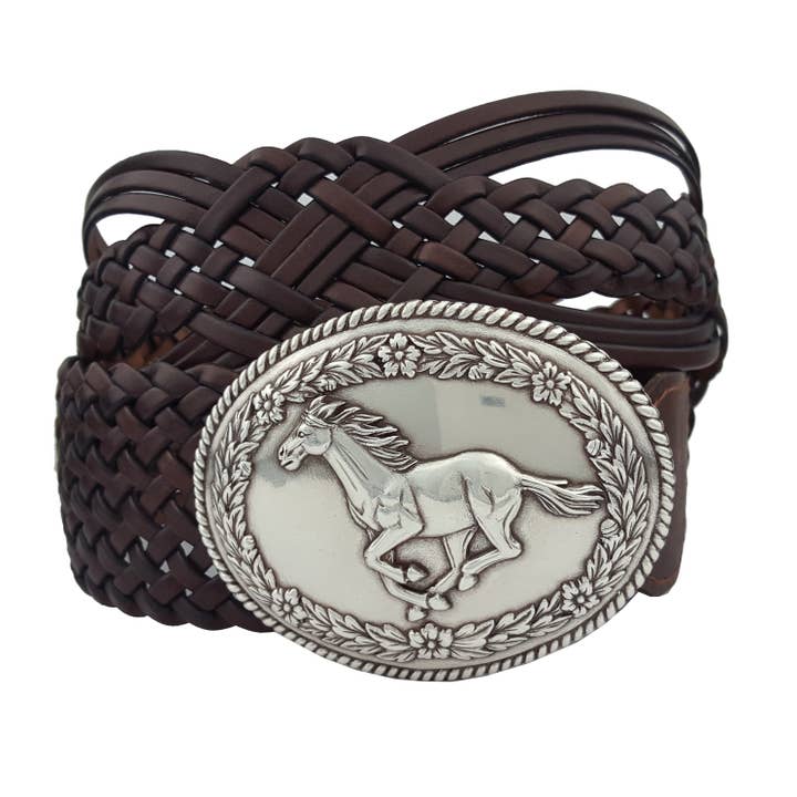 Axesoria West - Wholesale Belt - Women's - Hand Braided Leather Belt with Silver Galloping Horse Buckle