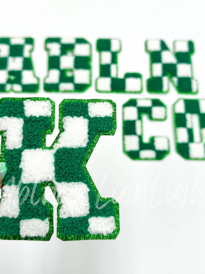 Green Checkered Letters Chenille Embroidery Patch for wholesale by ABLNco