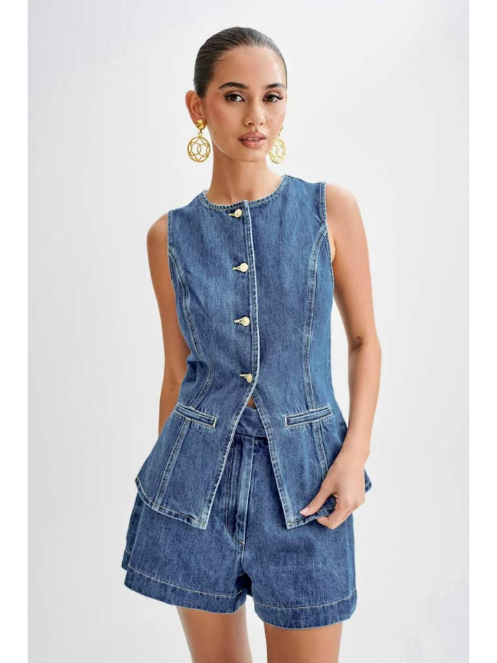 Sweetkama - Wholesale Top & Short Set (NOT Loungewear) - Women's - Ladies Denim Sleeveless Tank Top and Shorts Sets 16881