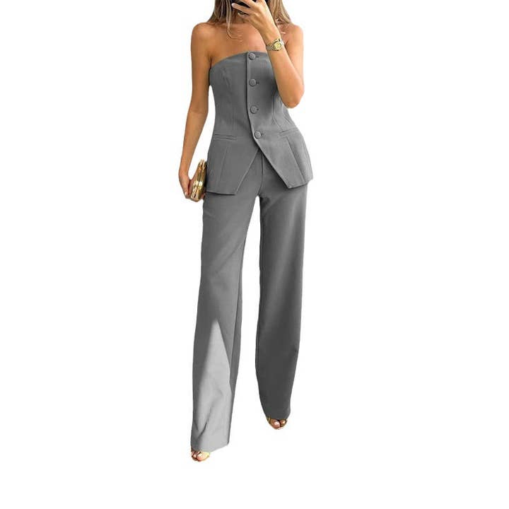 KK Bloom - Wholesale Suit Set - Women's - Casual Fashion Tailored Suit Button Graceful Tube Top Suit Pants