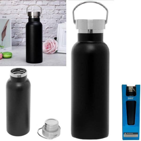 24OZ Water Bottle Flask - Stainless With SS Top - Black for wholesale by St. Louis Wholesale LLC