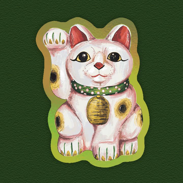 Lucky Cat White – Holographic Sticker for wholesale by Kabujiro
