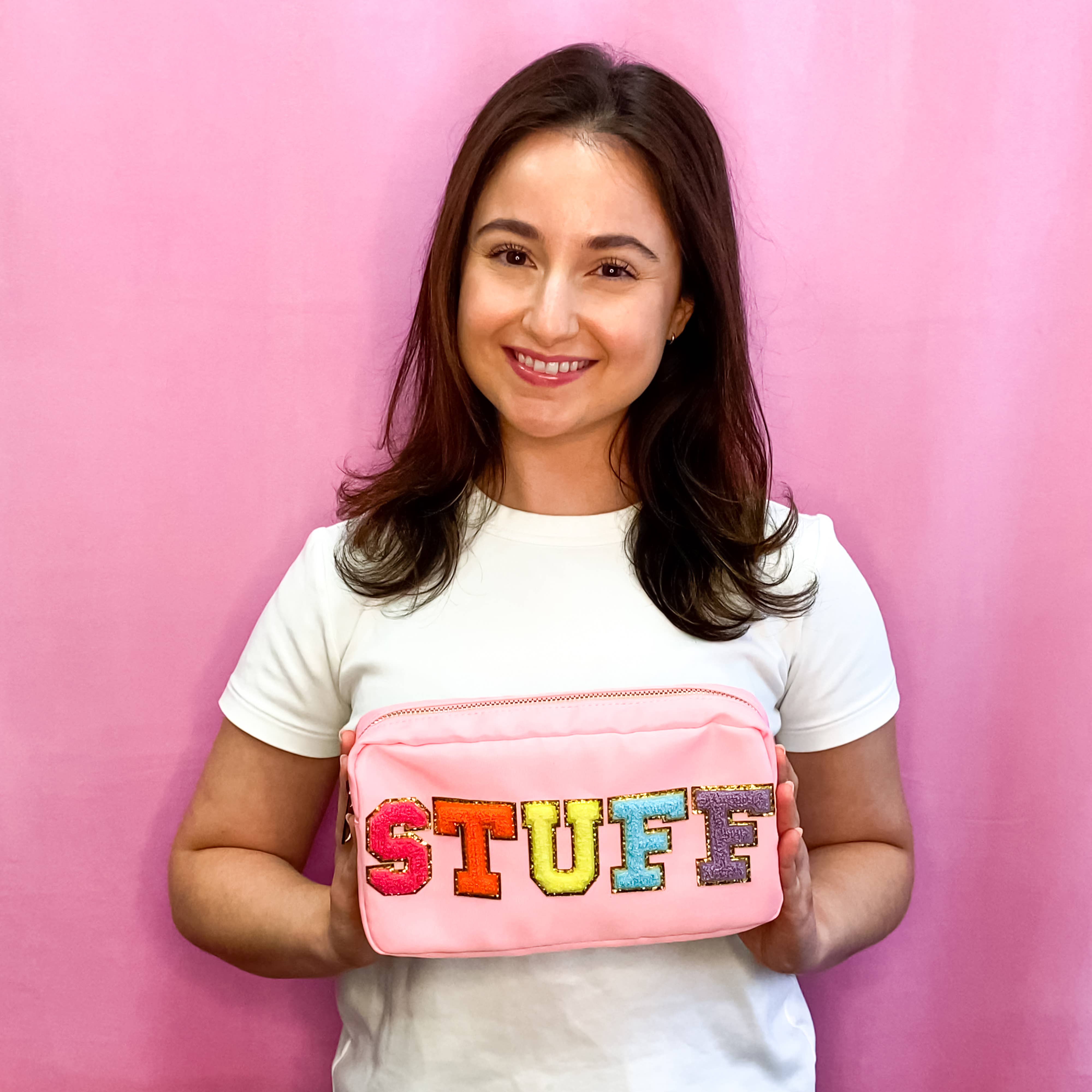 Natalia - Wholesale Makeup/Cosmetic Bag - Preppy Nylon Chenille Letter Travel Makeup Pouch - STUFF14